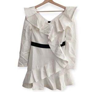 Self-Portrait Long Sleeve White Asymmetric Ruffle Jacquard Mini Dress 6 Formal